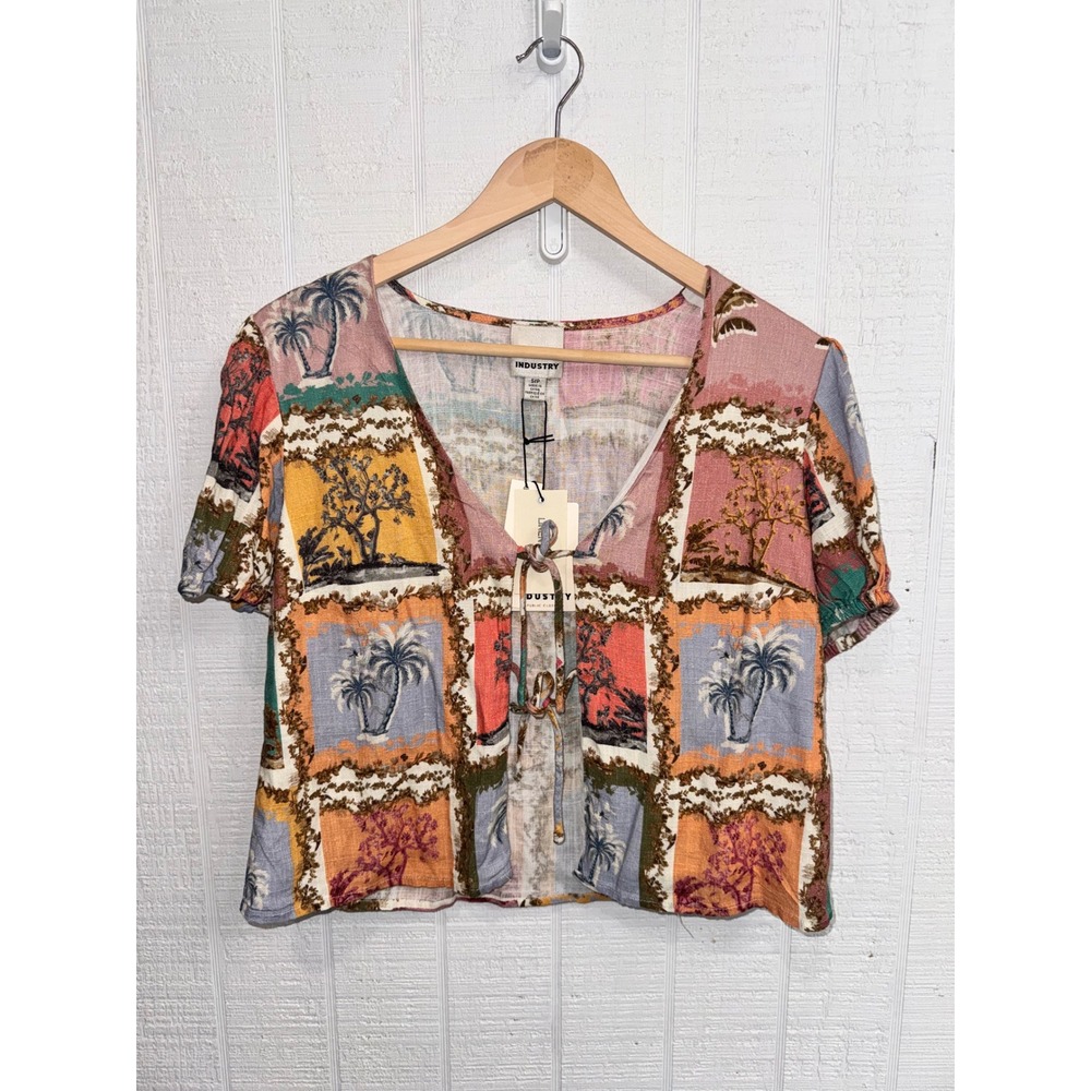 Industry Republic Clothing Crop Top Womens Multicolor Tropical Linen Small NEW